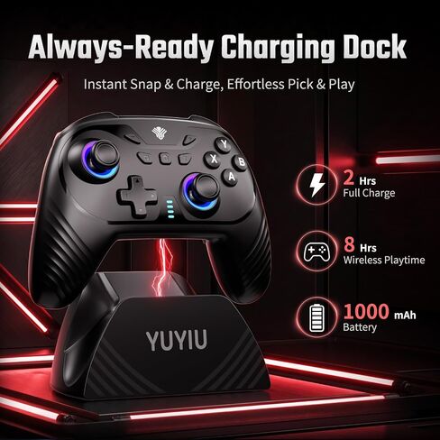 YUYIU Wireless Gaming Controller for PC, Switch, Steam Deck, Android, iOS | Hall Effect Joysticks, 1000Hz Polling Rate, RGB Lighting, Dual-Mode Triggers, Macro, Turbo, 6-Axis Gyro, Charging Dock, Black in Saudi Arabia