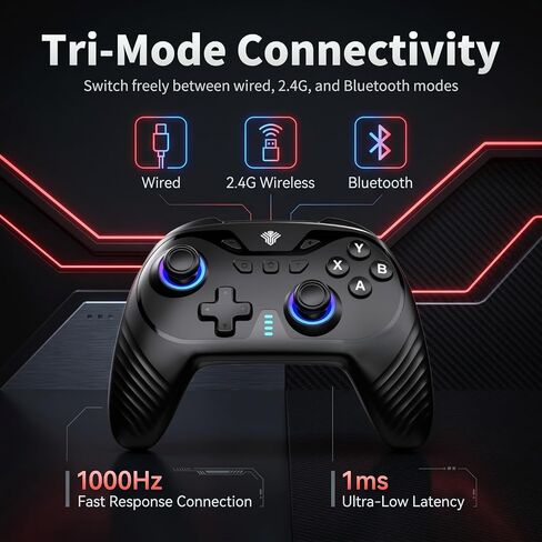YUYIU Wireless Gaming Controller for PC, Switch, Steam Deck, Android, iOS | Hall Effect Joysticks, 1000Hz Polling Rate, RGB Lighting, Dual-Mode Triggers, Macro, Turbo, 6-Axis Gyro, Charging Dock, Black in Saudi Arabia