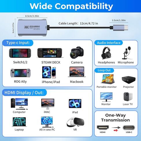Guermok 4K60 Capture Card with 1080P240 Recording, USB-C/A & 3.5mm Audio, Plus 67in USB-C to HDMI Projection Cable 8K60 4K144 with PD100W for Switch 2/1, Pad, Monitor,PC,TVs in Saudi Arabia