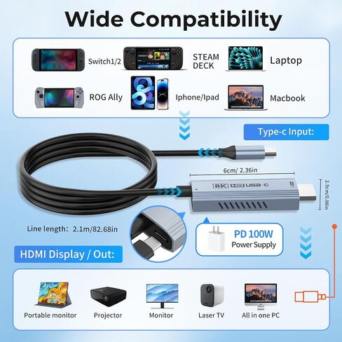 Guermok 4K60 Capture Card with 1080P240 Recording, USB-C/A & 3.5mm Audio, Plus 67in USB-C to HDMI Projection Cable 8K60 4K144 with PD100W for Switch 2/1, Pad, Monitor,PC,TVs in Saudi Arabia
