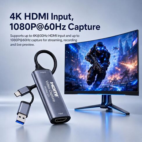 HDMI Capture Card, USB-C with USB-A Adapter, 4K30Hz Input, 1080P60 Capture | USB 3.0 for gaming, streaming and recording; works with OBS Studio, VLC and XSplit on Windows, macOS and Android in Saudi Arabia
