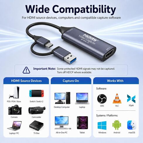 HDMI Capture Card, USB-C with USB-A Adapter, 4K30Hz Input, 1080P60 Capture | USB 3.0 for gaming, streaming and recording; works with OBS Studio, VLC and XSplit on Windows, macOS and Android in Saudi Arabia