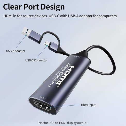 HDMI Capture Card, USB-C with USB-A Adapter, 4K30Hz Input, 1080P60 Capture | USB 3.0 for gaming, streaming and recording; works with OBS Studio, VLC and XSplit on Windows, macOS and Android in Saudi Arabia