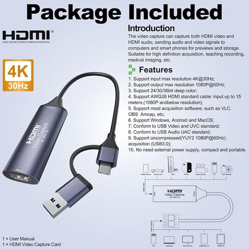 HDMI Video Capture Card, 4K Input, 1080p60, USB-C and USB-A | Compact USB 3.0 adapter for cameras, consoles and set-top boxes; UVC/UAC compliant and bus powered. in Saudi Arabia