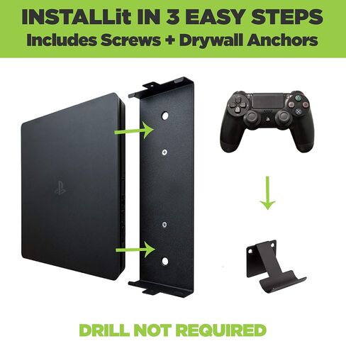 HIDEit Mounts 4S Bundle, Wall Mounts for PS4 Slim and Controllers, Steel Wall Mount for PlayStation 4 Slim and 2 Controller Mounts to Safely Store Your PS4 Slim and PlayStation Controller in Saudi Arabia
