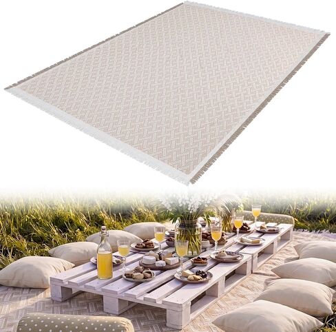 1 Pack White Coffee Extra Large Picnic Blanket, Outdoor Picnic Mat, Woven Boho Large Beach Blanket with Fringe for Park, Camping, Lawn or Wedding Photoshoot (71 x 91 Inches) in Saudi Arabia