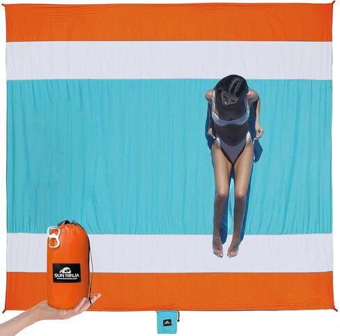 SUN NINJA Sand Free Beach Blanket, Quick Dry Beach Mat 10x9 ft, Blue | Giant lightweight ripstop nylon beach blanket with travel bag, fits up to 8 adults, for outdoors, picnic, camping, travel in Saudi Arabia
