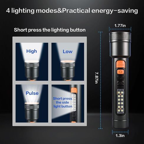 VAVOFO Rechargeable LED Flashlight with Side Work Light, 4 Modes Zoomable Flashlight, 4000mAh USB-C Charging Waterproof Handheld Flashlight for Camping, Hiking, Emergency, Home Use, Gray & Orange in Saudi Arabia