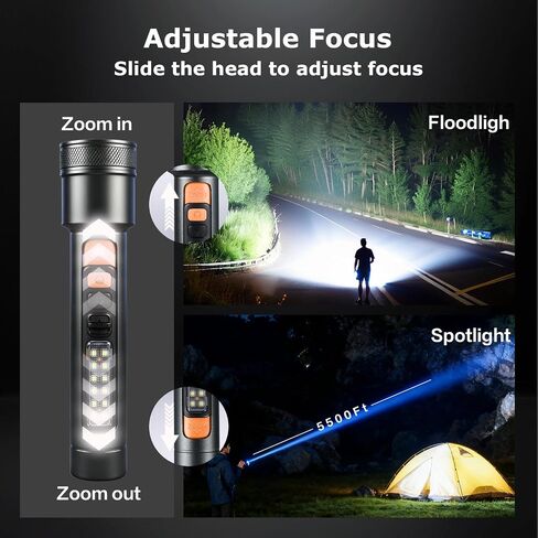 VAVOFO Rechargeable LED Flashlight with Side Work Light, 4 Modes Zoomable Flashlight, 4000mAh USB-C Charging Waterproof Handheld Flashlight for Camping, Hiking, Emergency, Home Use, Gray & Orange in Saudi Arabia