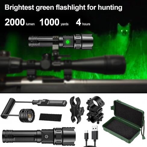 VASTFIRE USB-C Rechargeable Green Flashlight Zoomable 1000 Yard Pressure Switch Scope Rail Mount Hogs Predators Night Hunting (30) in Saudi Arabia