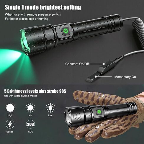 VASTFIRE USB-C Rechargeable Green Flashlight Zoomable 1000 Yard Pressure Switch Scope Rail Mount Hogs Predators Night Hunting (30) in Saudi Arabia