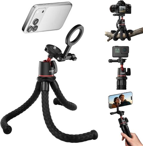 COMAN MT50 Magnetic Flexible Tripod Stand for iPhone, Camera & GoPro, Vlog | Bendable Octopus Legs, Magnetic Ring for Non-Magsafe Phones, 1/4" Screw Ball Head for Camera Action Cam, GoPro Mount Included in Saudi Arabia