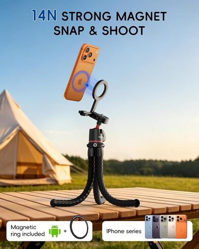 COMAN MT50 Magnetic Flexible Tripod Stand for iPhone, Camera & GoPro, Vlog | Bendable Octopus Legs, Magnetic Ring for Non-Magsafe Phones, 1/4" Screw Ball Head for Camera Action Cam, GoPro Mount Included in Saudi Arabia