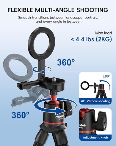 COMAN MT50 Magnetic Flexible Tripod Stand for iPhone, Camera & GoPro, Vlog | Bendable Octopus Legs, Magnetic Ring for Non-Magsafe Phones, 1/4" Screw Ball Head for Camera Action Cam, GoPro Mount Included in Saudi Arabia