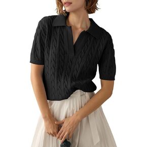 Womens Short Sleeve Sweater Tops Cable Knit Casual Summer V Neck Polo Shirts