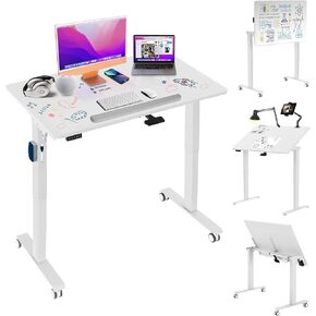 AVLT 50" Electric Standing Desk with Tilting Tabletop (4 ft 7 inches) – Height Adjustable Dry Erase Top Whiteboard and Rolling Casters – 2 Leg Drafting Tabletop - White
