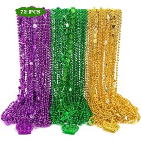 72PCS Mardi Gras Beads Accessories, Mardi Gras Green Purple Gold Metallic Beads Necklaces Bulks, Mardi Gras Beads Necklace Costumes Women Men Kids for Parade Throws Party Decorations Favor Supplies