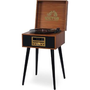 VICTOR Newbury 8-in-1 Turntable Music Center with 3-Speed Record Player, CD/MP3 Player, FM Radio, Dual Bluetooth In & Out, USB Playback & Record, Built-In Stereo Speakers & Chair Height Legs, Espresso