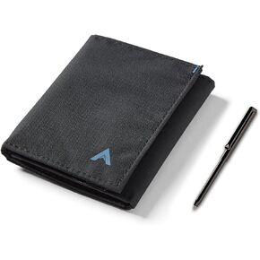 Allett Trifold Wallet & Pen Bundle | Jet Black, Nylon, RFID Blocking | Slim, Minimalist & Water Resistant | Holds 2-12 Cards, Flat Bills, Receipts & Coins | Stainless Steel Pen