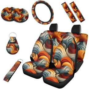 Van Gogh Almond Blossom 10 Pieces Print Car Seat Cover Full Set,Retro Oil Painting Turquoise Flower Covers Set Steering Wheel