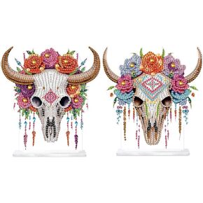 2 PCS Cow Skulls Pattern Diamond Art Painting Desktop Ornaments Kit for Adults Beginner 5D DIY Diamond Art Tabletop Decorations Special Gem Mosaic Arts Crafts Home Bedroom Table Decor