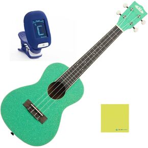 Kala Gatsby Green Sparkle Concert Ukulele Bundle with Kala Klipz Tuner in Blue and Liquid Audio Instrument Polishing Cloth - Kala KA-SPRK-GREEN Model, Aquila String Ukulele