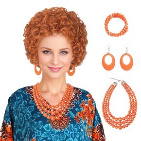 Miss U Hair Women Short Curly Red Orange Wig with Orange Oversized Jewelry Set Halloween Party Wig Outfit