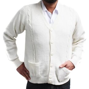 Cardigan Golf Sweater Jersey BRIAD V Neck Buttons Pockets Alpaca Blend Made in Peru White