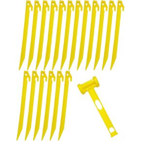 18x Heavy Duty Extra Long 13-3/4" Plastic Tent Awning Pegs, Tent Stakes, Sand Stakes with 1x Hammer for Beach Camping Caravan