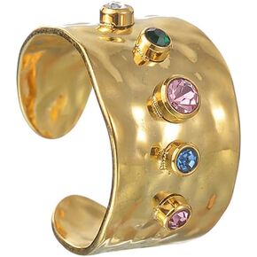 Colorful Crystal Ring for Women Girls Stainless Steel 18K Gold Plated Open Statement Rings Wide Finger Band Engagement Promise Bands Expandable