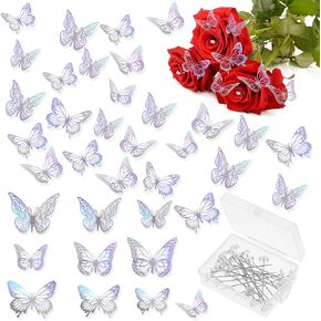 25Pcs Diamond Pins for Bouquets, Floral Pins with 36pcs Gold Butterfly Decor, Flower Bouquet Accessories Set, Flower Bouquet Pins for Mother's Day Valentine's Day Wedding Birthday Party