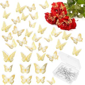 25Pcs Diamond Pins for Bouquets, Floral Pins with 36pcs Gold Butterfly Decor, Flower Bouquet Accessories Set, Flower Bouquet Pins for Mother's Day Valentine's Day Wedding Birthday Party