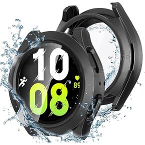 Miimall Waterproof Case for Samsung Galaxy Watch 6 40mm, Hard PC Bumper Cover with Tempered Glass Screen Protector for Galaxy Watch 6, Full Coverage Anti-Fog Galaxy Watch 6 40mm Case Frosted Black