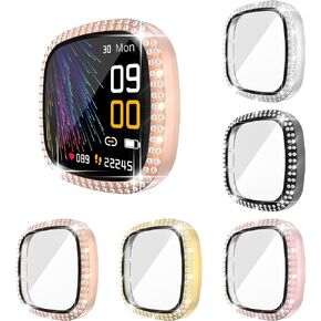 [عبوة من 5 قطع] RICHONE متوافقة مع حافظة ساعة Fitbit Sense وVersa 3، غطاء Bling Diamonds مع واقي شاشة زجاجي مقوى ثلاثي الأبعاد (أسود + فضي + ذهبي + وردي + ذهبي وردي) in Kuwait