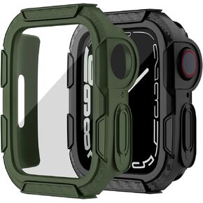 EDIMENS 2 Pack Rugged Case Compatible for Apple Watch 45mm Series 9/8 / 7 with Tempered Glass Screen Protector, Military Hard TPU Case Protective Cover Shockproof Bumper for iWatch 45mm Men Black