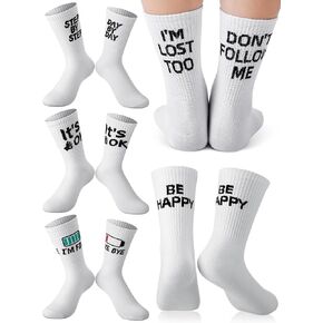5 Pairs Funny Graphic Socks Adult White Crew Socks for Women Men Novelty Quote Athletic Socks for Sports Shoes Casual Wear in Kuwait