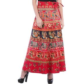 Exotic India Wrap-On Long Skirt from Pilkhuwa with Printed Paisleys and Elephants