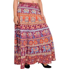 Exotic India Wrap-Around Long Skirt with Printed Elephants and Deer