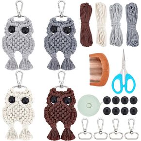 WEBEEDY 4 Set Macrame Owl Keychain Kit with Owl Charms, Macrame Kits for Adults Beginners, Macrame Supplies for Halloween Decor Graduation Gifts Phone Wallet Key Pendant