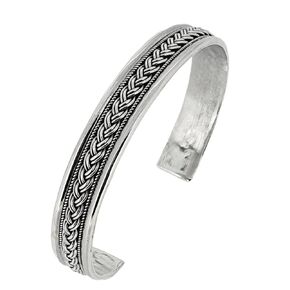 10mm Men's Silver Bracelet Bangle Open Cuff Braided Details - Sterling Silver Cuff Bangle Wristband for men and Women