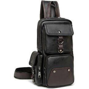 QICHUANG Men Sling Bag PU Leather Unbalance Chest Shoulder Bags Casual Crossbody Bag Travel Hiking Daypacks Gift for Men