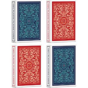 Playing Cards 4 Pack,Plastic Waterproof Playing Cards Bulk for Adults and Seniors,4 Decks of Poker Cards Professional Set, Standard Poker Size Regular Index(2 Blue+ 2 Red)