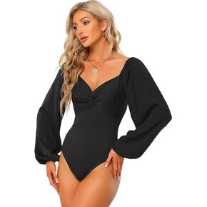 Allegra K Women's Sweetheart Square V Neck Puff Sleeve Long Sleeve T Shirts Tops Bodysuits