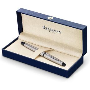 Waterman Expert Fountain Pen, Gloss Black with Chrome Trim, Medium Nib with Blue Ink Cartridge, Gift Box
