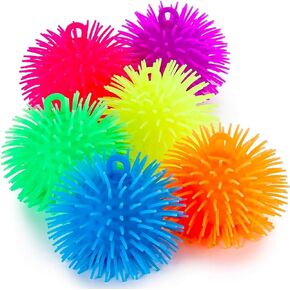 Kicko 5.5" Puffer Balls for Kids - 12 Pack with Assorted Colors - Blue, Green, Orange, Yellow, Pink and Purple, with Loop - Sensory Stress Relief and Therapy Toy - Party Favors, Goody Bag Filler