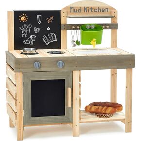 مطبخ الطين للأطفال، مطبخ خشبي للعب التظاهري في الهواء الطلق مع حوض قابل للإزالة، صنبور، أرفف تخزين، مجموعة ألعاب مطبخ للأطفال في الفناء الخلفي والحديقة مع سبورة سوداء وأدوات المطبخ وموقد، هدية للأولاد والبنات in Kuwait
