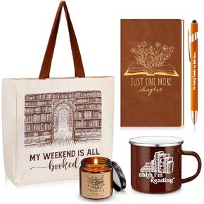 Jetec Set of 5 Book Lovers Gifts for Reader Include Canvas Tote Bag Journal Notebook with Ballpoint Pen Enamel Mug Scented Candle Book Lover Gifts for Teacher Librarian Bookish Author(Black)