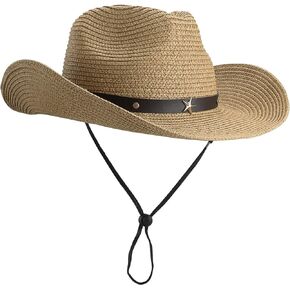 Women Straw Sun Hat Wide Brim Western Cowboy Cowgirls Style UV-Protection Beach Hat with Wind Lanyard