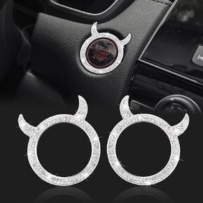 Bling Car Engine Start Button Cover Universal Push Start Stop Trim Ignition Ring Cap Decor 2pcs Rhinestone Little Devil Keyless Ring Emblem Sparkly for Car Interior Accessories (Navy Orange)