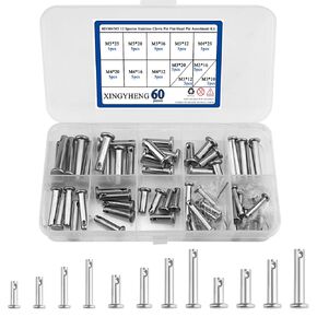 XINGYHENG 60Pcs M3 / M4 / M5 12 Species Stainless Clevis Pin Flat Head Pin with Hole Location Pin T-Shape Round Pin Assortment Kit